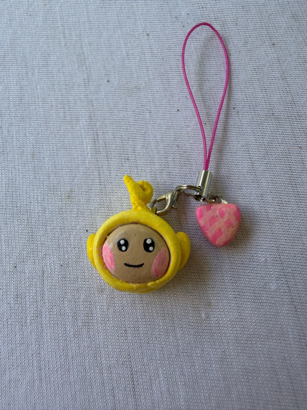 Handmade Yellow Character Phone Charm with Pink Heart